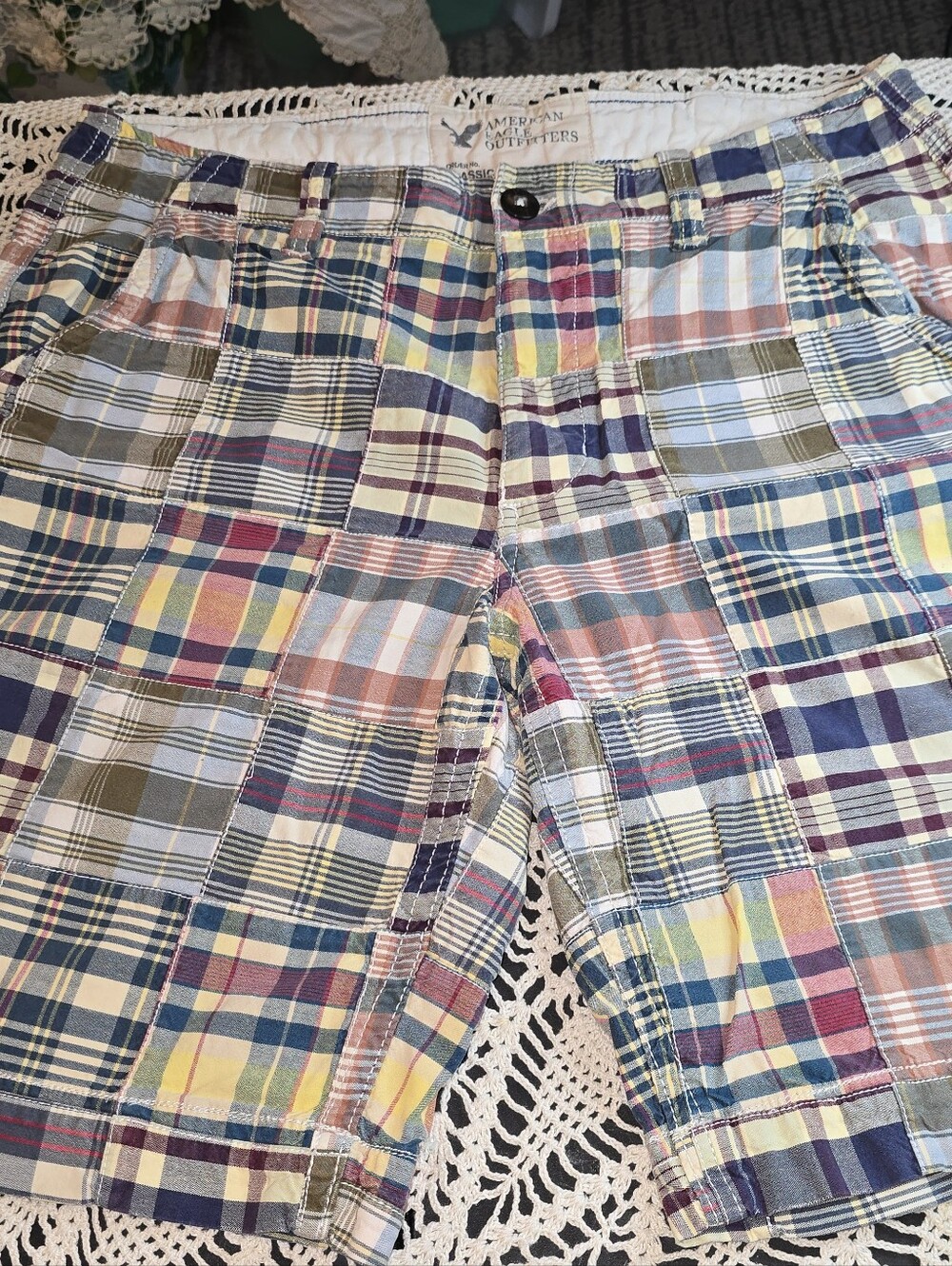 American Eagle Outfitters, Classic Length, Patchwork Madras Plaid Shorts, Men 32
